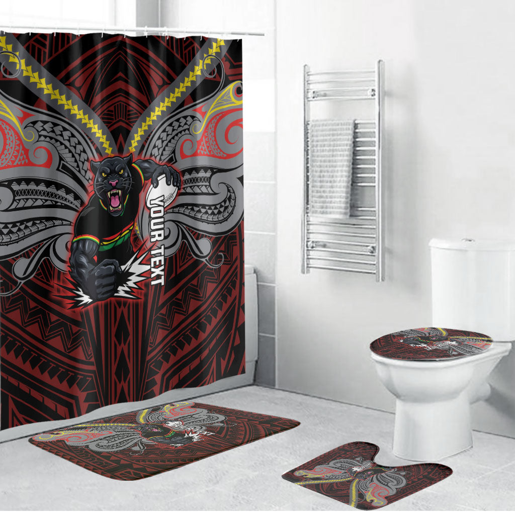 Custom Penrith Panthers Bathroom Set Black Panther Warrior Polynesia Islander Rugby Mascot