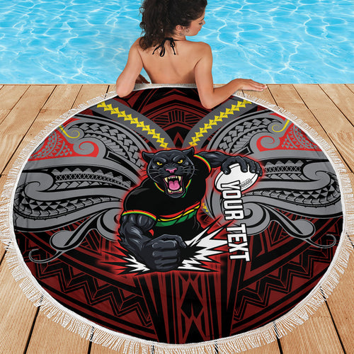 Custom Penrith Panthers Beach Blanket Black Panther Warrior Polynesia Islander Rugby Mascot
