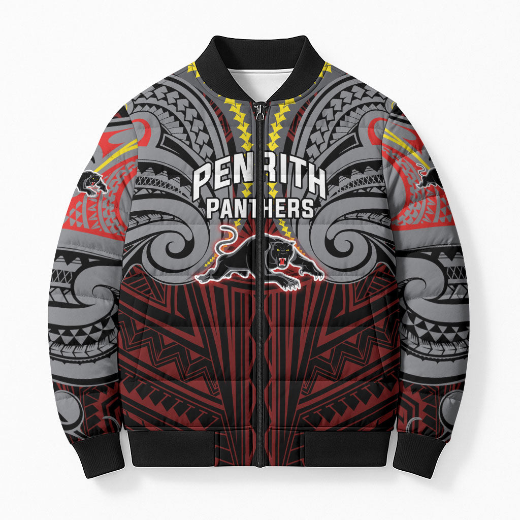 Custom Penrith Panthers Bomber Puffer Jacket Black Panther Warrior Polynesia Islander Rugby Mascot