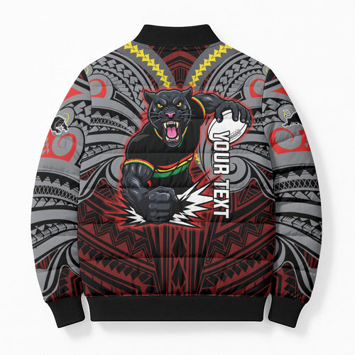 Custom Penrith Panthers Bomber Puffer Jacket Black Panther Warrior Polynesia Islander Rugby Mascot