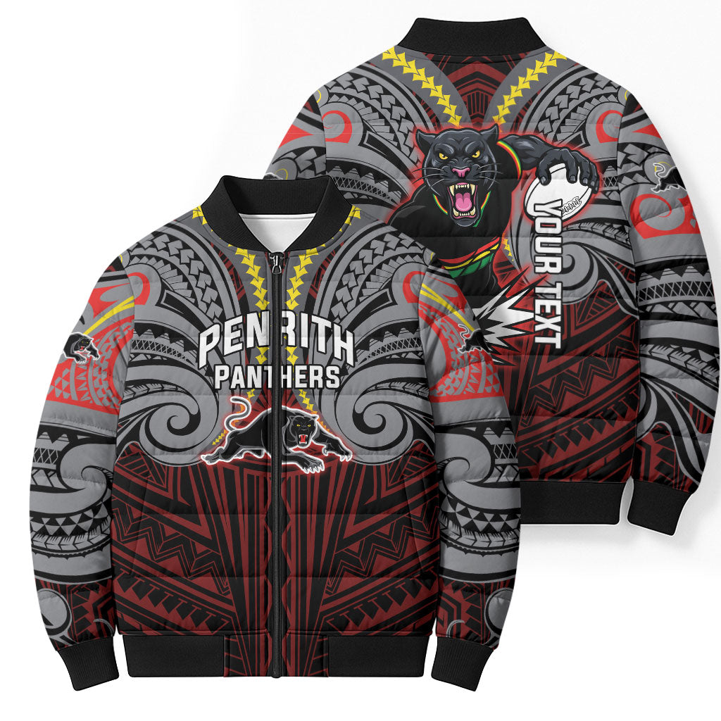 Custom Penrith Panthers Bomber Puffer Jacket Black Panther Warrior Polynesia Islander Rugby Mascot