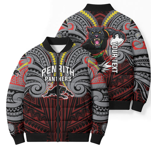 Custom Penrith Panthers Bomber Puffer Jacket Black Panther Warrior Polynesia Islander Rugby Mascot
