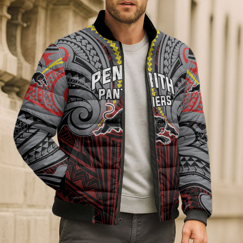 Custom Penrith Panthers Bomber Puffer Jacket Black Panther Warrior Polynesia Islander Rugby Mascot