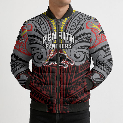 Custom Penrith Panthers Bomber Puffer Jacket Black Panther Warrior Polynesia Islander Rugby Mascot