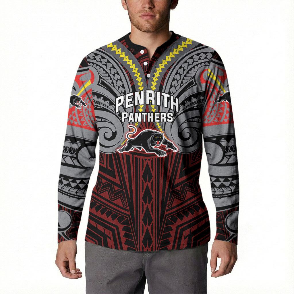 Custom Penrith Panthers Button Sweatshirt Black Panther Warrior Polynesia Islander Rugby Mascot