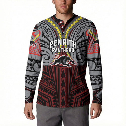Custom Penrith Panthers Button Sweatshirt Black Panther Warrior Polynesia Islander Rugby Mascot