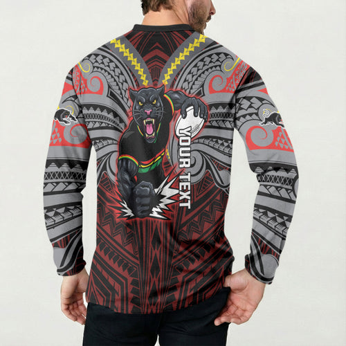 Custom Penrith Panthers Button Sweatshirt Black Panther Warrior Polynesia Islander Rugby Mascot