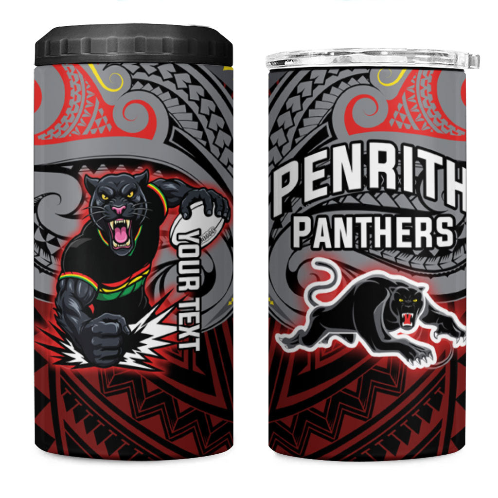 Custom Penrith Panthers 4 in 1 Can Cooler Tumbler Black Panther Warrior Polynesia Islander Rugby Mascot