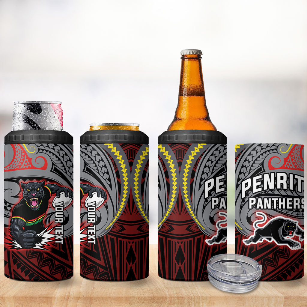 Custom Penrith Panthers 4 in 1 Can Cooler Tumbler Black Panther Warrior Polynesia Islander Rugby Mascot