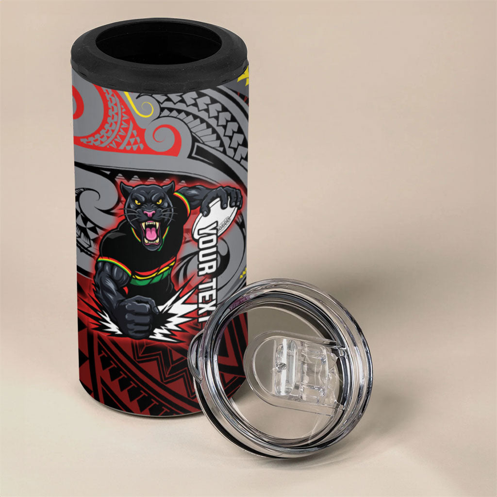 Custom Penrith Panthers 4 in 1 Can Cooler Tumbler Black Panther Warrior Polynesia Islander Rugby Mascot