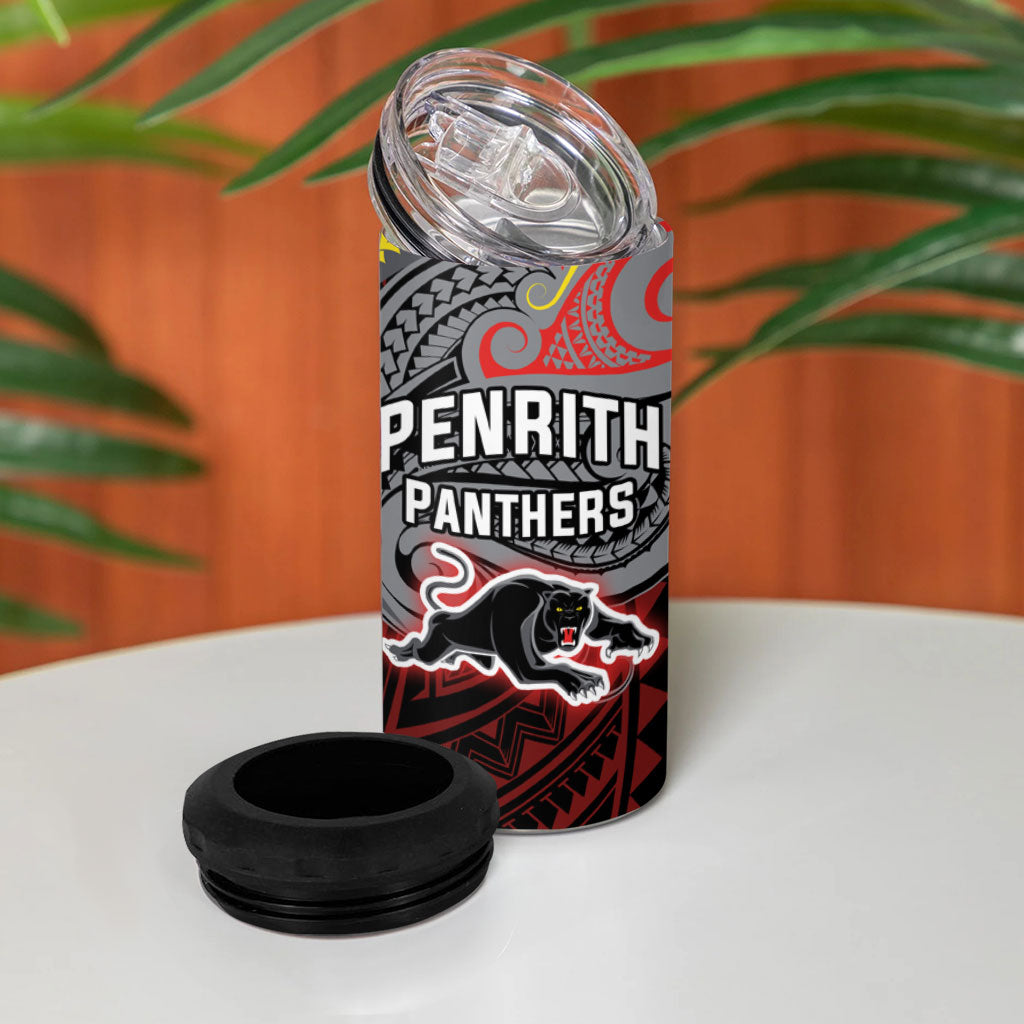 Custom Penrith Panthers 4 in 1 Can Cooler Tumbler Black Panther Warrior Polynesia Islander Rugby Mascot