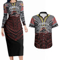 Custom Penrith Panthers Couples Matching Long Sleeve Bodycon Dress and Hawaiian Shirt Black Panther Warrior Polynesia Islander Rugby Mascot