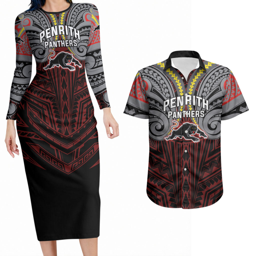 Custom Penrith Panthers Couples Matching Long Sleeve Bodycon Dress and Hawaiian Shirt Black Panther Warrior Polynesia Islander Rugby Mascot