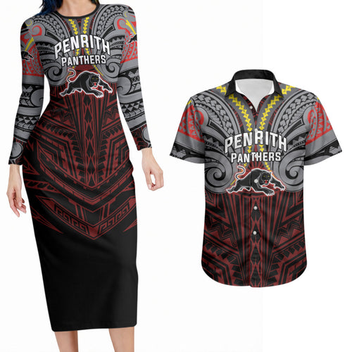 Custom Penrith Panthers Couples Matching Long Sleeve Bodycon Dress and Hawaiian Shirt Black Panther Warrior Polynesia Islander Rugby Mascot