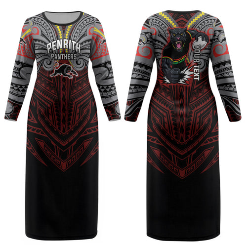 Custom Penrith Panthers Couples Matching Long Sleeve Bodycon Dress and Hawaiian Shirt Black Panther Warrior Polynesia Islander Rugby Mascot