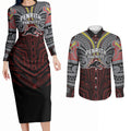 Custom Penrith Panthers Couples Matching Long Sleeve Bodycon Dress and Long Sleeve Button Shirt Black Panther Warrior Polynesia Islander Rugby Mascot