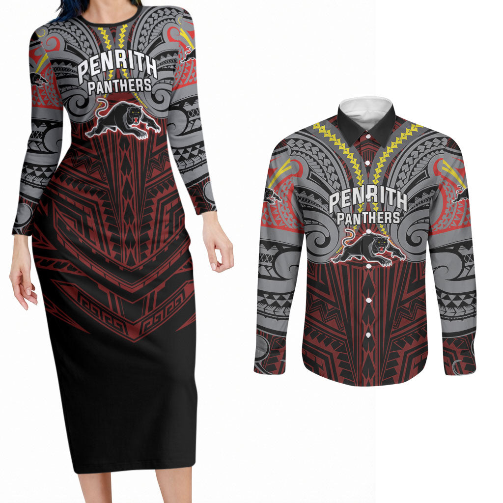 Custom Penrith Panthers Couples Matching Long Sleeve Bodycon Dress and Long Sleeve Button Shirt Black Panther Warrior Polynesia Islander Rugby Mascot
