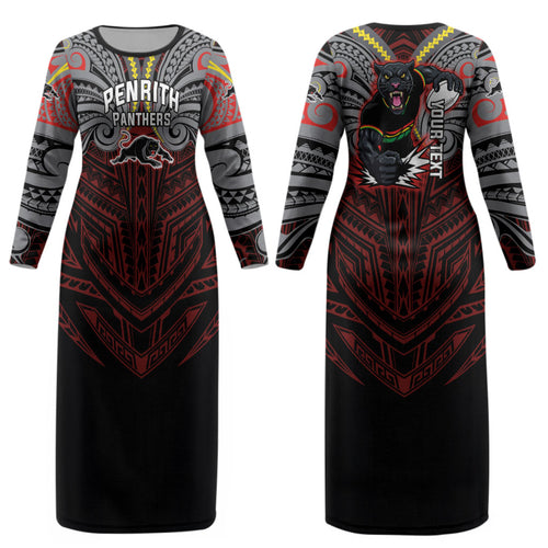 Custom Penrith Panthers Couples Matching Long Sleeve Bodycon Dress and Long Sleeve Button Shirt Black Panther Warrior Polynesia Islander Rugby Mascot