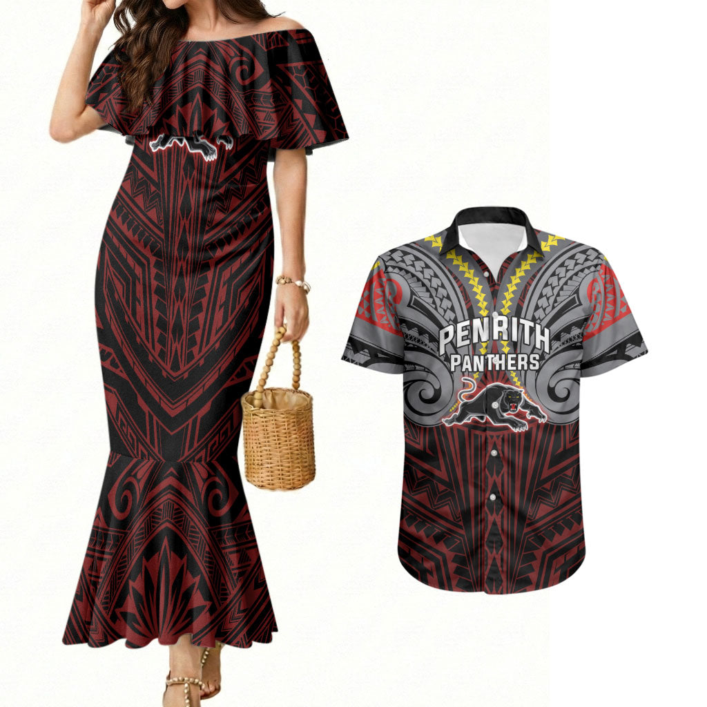Custom Penrith Panthers Couples Matching Mermaid Dress and Hawaiian Shirt Black Panther Warrior Polynesia Islander Rugby Mascot