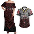 Custom Penrith Panthers Couples Matching Off Shoulder Maxi Dress and Hawaiian Shirt Black Panther Warrior Polynesia Islander Rugby Mascot
