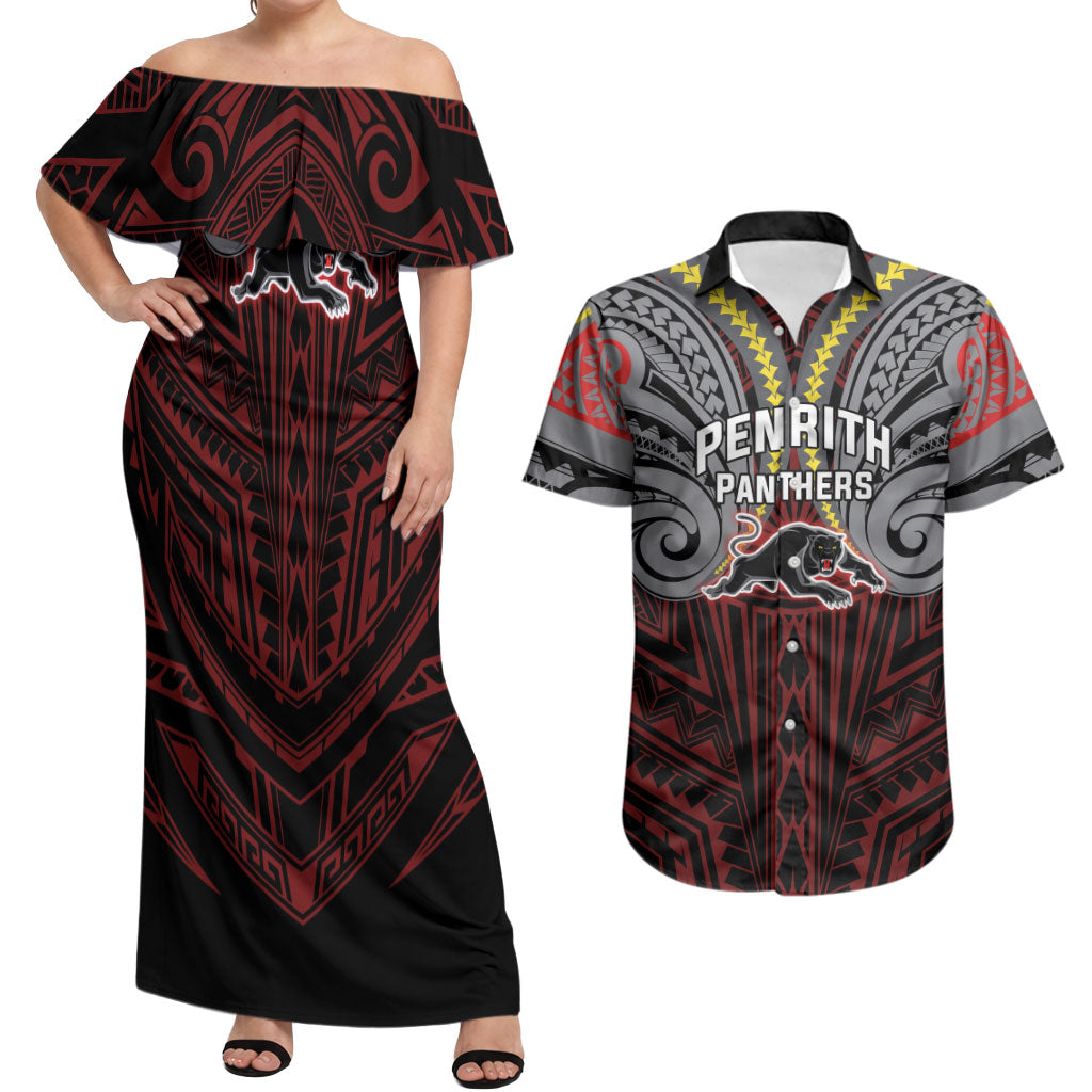 Custom Penrith Panthers Couples Matching Off Shoulder Maxi Dress and Hawaiian Shirt Black Panther Warrior Polynesia Islander Rugby Mascot