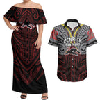 Custom Penrith Panthers Couples Matching Off Shoulder Maxi Dress and Hawaiian Shirt Black Panther Warrior Polynesia Islander Rugby Mascot