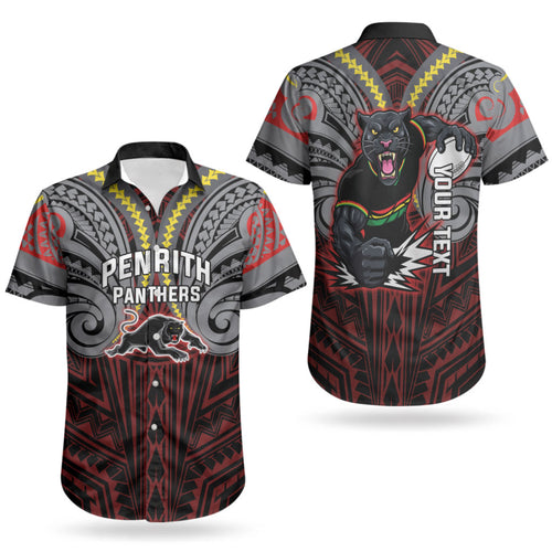 Custom Penrith Panthers Couples Matching Off Shoulder Maxi Dress and Hawaiian Shirt Black Panther Warrior Polynesia Islander Rugby Mascot