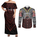 Custom Penrith Panthers Couples Matching Off Shoulder Maxi Dress and Long Sleeve Button Shirt Black Panther Warrior Polynesia Islander Rugby Mascot