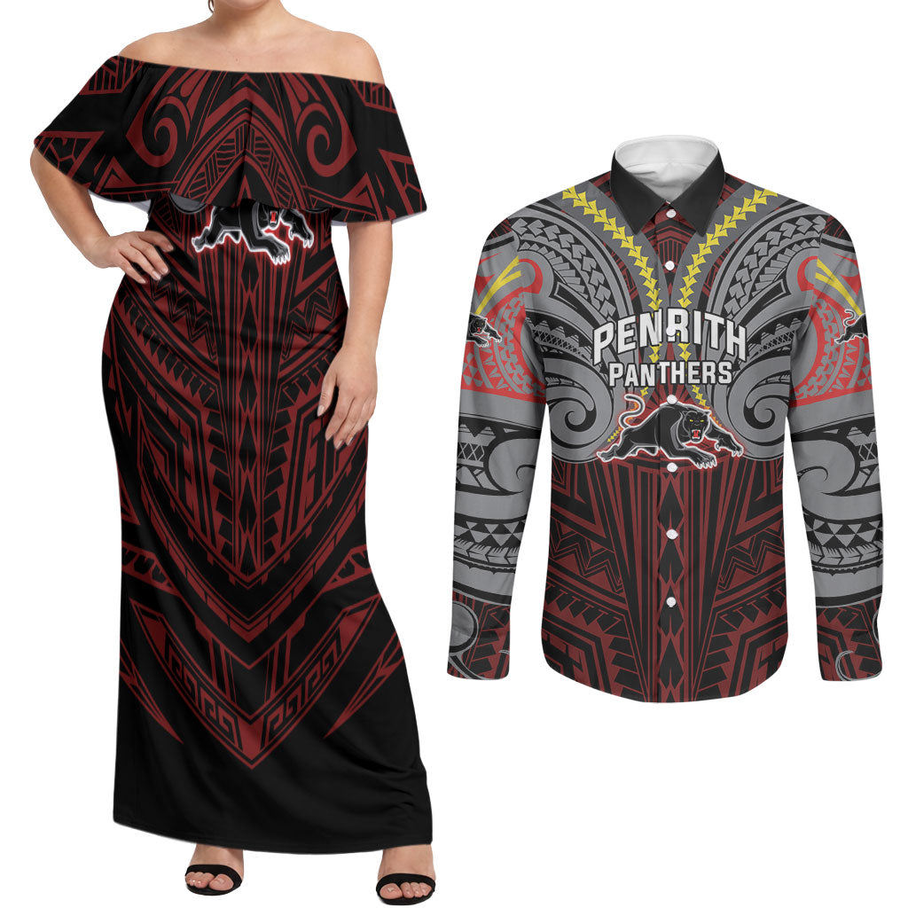 Custom Penrith Panthers Couples Matching Off Shoulder Maxi Dress and Long Sleeve Button Shirt Black Panther Warrior Polynesia Islander Rugby Mascot