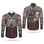 Custom Penrith Panthers Couples Matching Off Shoulder Maxi Dress and Long Sleeve Button Shirt Black Panther Warrior Polynesia Islander Rugby Mascot