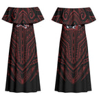 Custom Penrith Panthers Couples Matching Off Shoulder Maxi Dress and Long Sleeve Button Shirt Black Panther Warrior Polynesia Islander Rugby Mascot