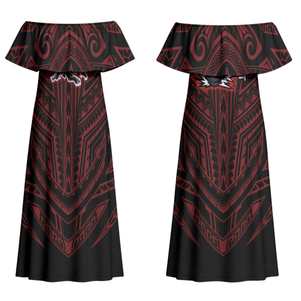 Custom Penrith Panthers Couples Matching Off Shoulder Maxi Dress and Long Sleeve Button Shirt Black Panther Warrior Polynesia Islander Rugby Mascot