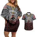 Custom Penrith Panthers Couples Matching Off Shoulder Short Dress and Hawaiian Shirt Black Panther Warrior Polynesia Islander Rugby Mascot