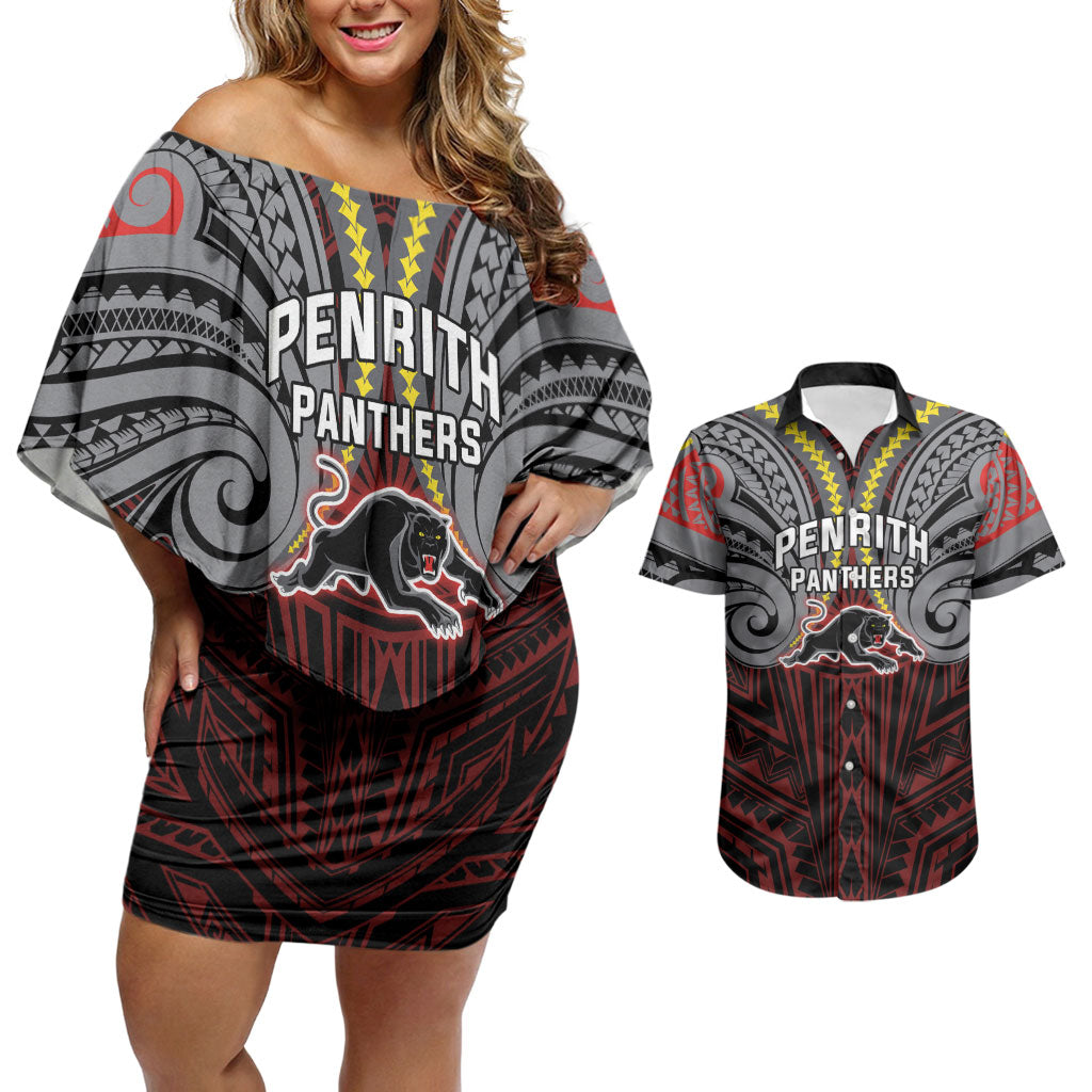 Custom Penrith Panthers Couples Matching Off Shoulder Short Dress and Hawaiian Shirt Black Panther Warrior Polynesia Islander Rugby Mascot
