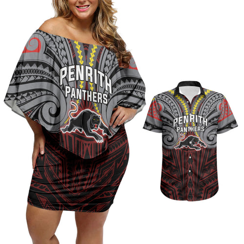Custom Penrith Panthers Couples Matching Off Shoulder Short Dress and Hawaiian Shirt Black Panther Warrior Polynesia Islander Rugby Mascot
