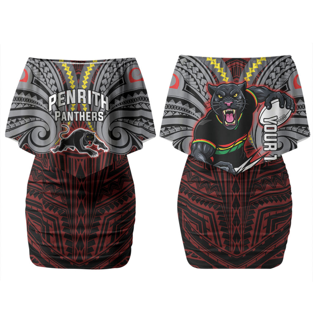 Custom Penrith Panthers Couples Matching Off Shoulder Short Dress and Hawaiian Shirt Black Panther Warrior Polynesia Islander Rugby Mascot