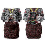 Custom Penrith Panthers Couples Matching Off Shoulder Short Dress and Hawaiian Shirt Black Panther Warrior Polynesia Islander Rugby Mascot