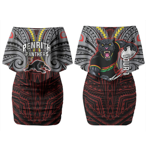 Custom Penrith Panthers Couples Matching Off Shoulder Short Dress and Hawaiian Shirt Black Panther Warrior Polynesia Islander Rugby Mascot