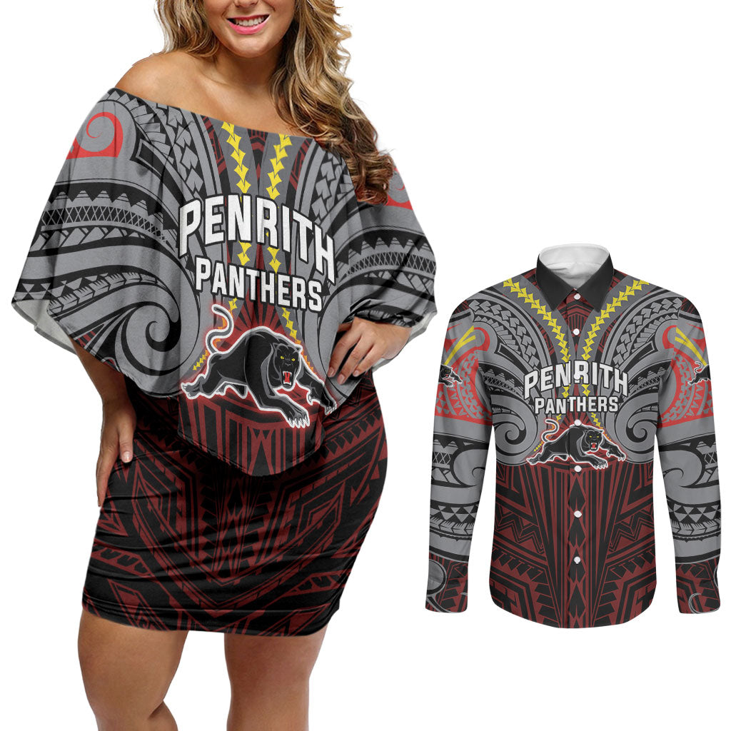 Custom Penrith Panthers Couples Matching Off Shoulder Short Dress and Long Sleeve Button Shirt Black Panther Warrior Polynesia Islander Rugby Mascot