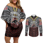 Custom Penrith Panthers Couples Matching Off Shoulder Short Dress and Long Sleeve Button Shirt Black Panther Warrior Polynesia Islander Rugby Mascot