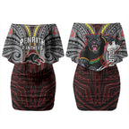 Custom Penrith Panthers Couples Matching Off Shoulder Short Dress and Long Sleeve Button Shirt Black Panther Warrior Polynesia Islander Rugby Mascot