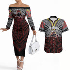 Custom Penrith Panthers Couples Matching Off The Shoulder Long Sleeve Dress and Hawaiian Shirt Black Panther Warrior Polynesia Islander Rugby Mascot