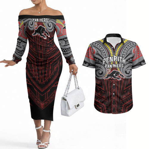 Custom Penrith Panthers Couples Matching Off The Shoulder Long Sleeve Dress and Hawaiian Shirt Black Panther Warrior Polynesia Islander Rugby Mascot