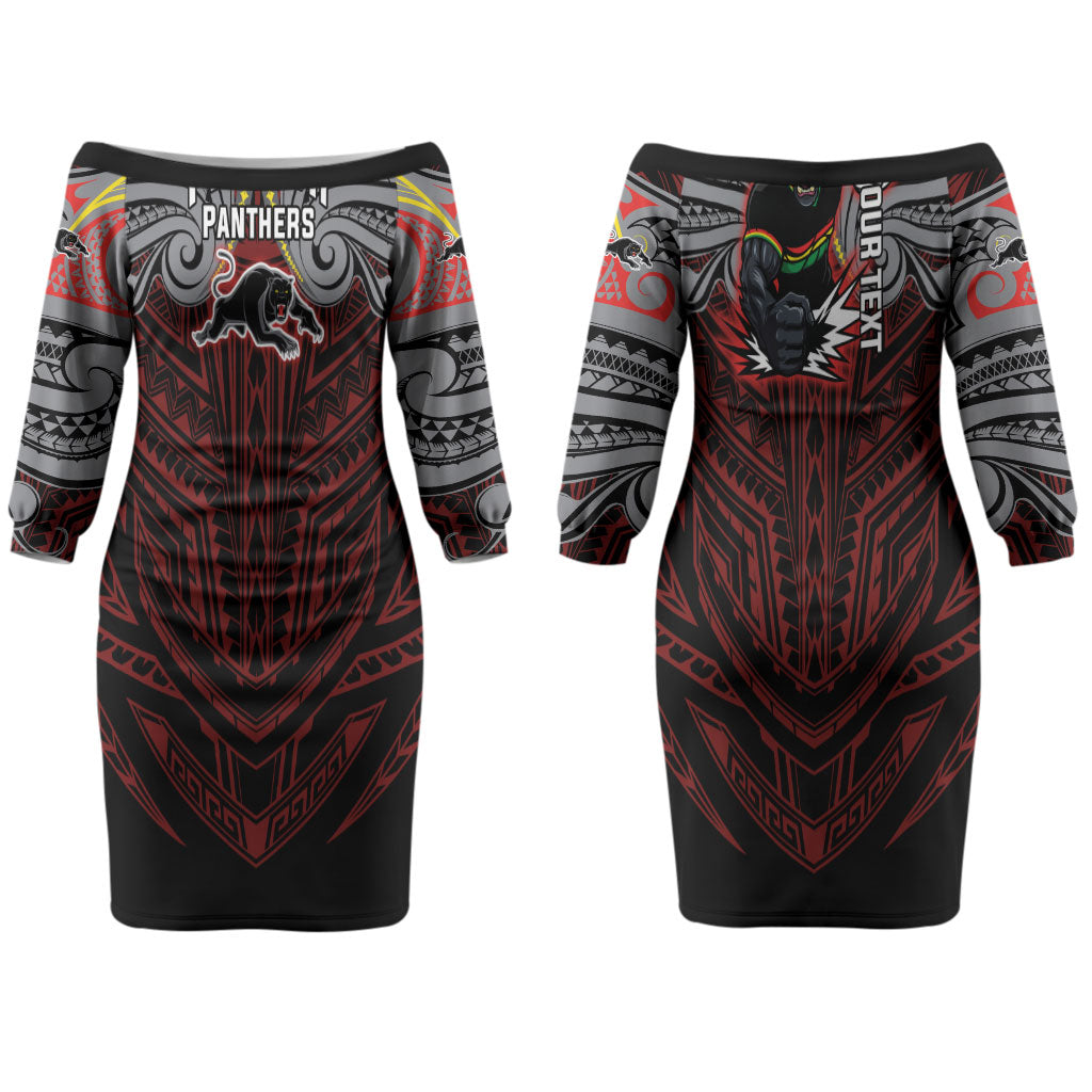 Custom Penrith Panthers Couples Matching Off The Shoulder Long Sleeve Dress and Hawaiian Shirt Black Panther Warrior Polynesia Islander Rugby Mascot