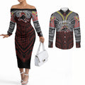 Custom Penrith Panthers Couples Matching Off The Shoulder Long Sleeve Dress and Long Sleeve Button Shirt Black Panther Warrior Polynesia Islander Rugby Mascot
