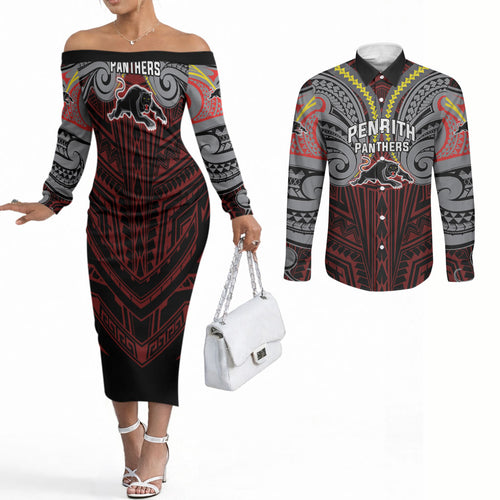 Custom Penrith Panthers Couples Matching Off The Shoulder Long Sleeve Dress and Long Sleeve Button Shirt Black Panther Warrior Polynesia Islander Rugby Mascot