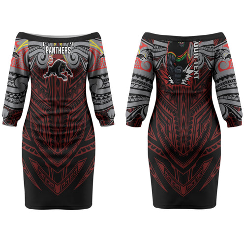 Custom Penrith Panthers Couples Matching Off The Shoulder Long Sleeve Dress and Long Sleeve Button Shirt Black Panther Warrior Polynesia Islander Rugby Mascot