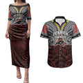 Custom Penrith Panthers Couples Matching Puletasi and Hawaiian Shirt Black Panther Warrior Polynesia Islander Rugby Mascot