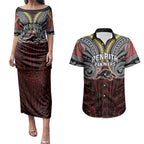 Custom Penrith Panthers Couples Matching Puletasi and Hawaiian Shirt Black Panther Warrior Polynesia Islander Rugby Mascot
