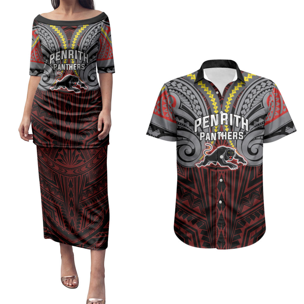 Custom Penrith Panthers Couples Matching Puletasi and Hawaiian Shirt Black Panther Warrior Polynesia Islander Rugby Mascot